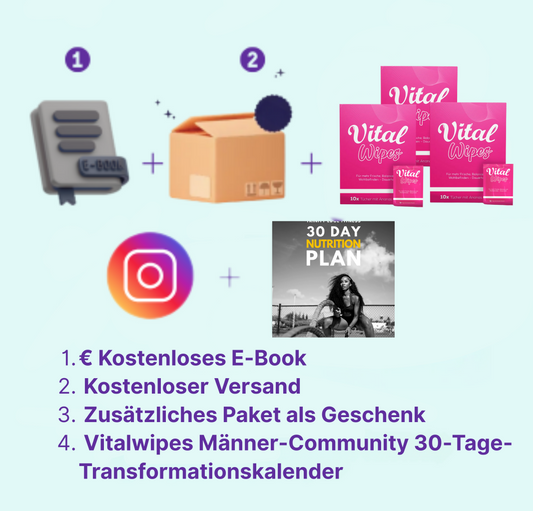 1× eBook + 3× Gratis-Packungen + Zugang zur Vitalwipes Männer-Community + Kostenloser Priority-Versand + 30-Tage-Transformationskalender
